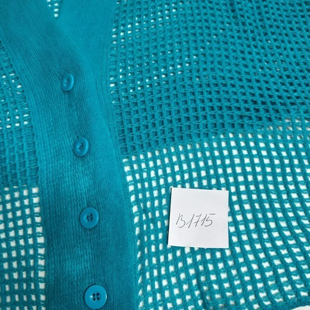 Fishnet Knit Button Up Cardishawl, Teal, Blue, OS